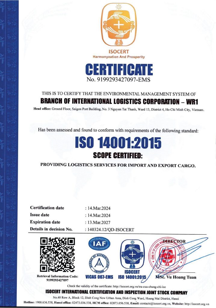 Chứng nhận ISO 14001:2015 về Hệ thống Quản lý Môi Trường của WR1 được ISOCERT kiểm định và phê duyệt