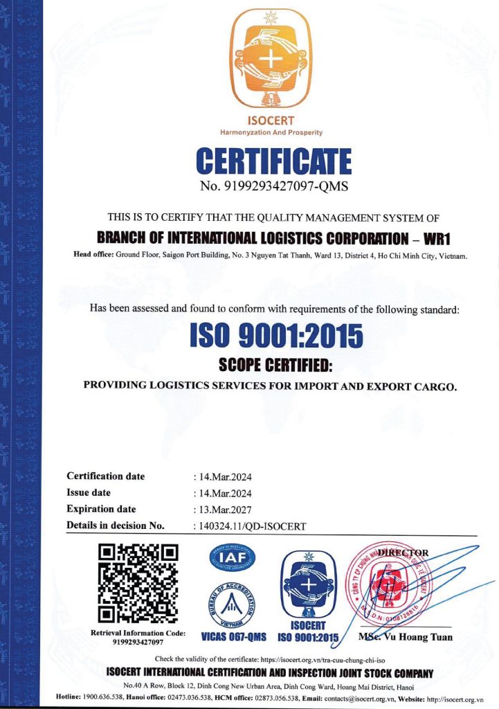 Chứng nhận ISO 9001:2015 về Hệ Thống Quản Lý Chất Lượng WR1 đạt được